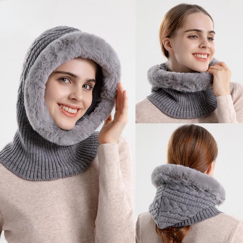 Women's Cold-Proof Knitted Hat Fleece-lined Thickened Scarf Integrated Hat Warm Ear Protection Sleeve Cap