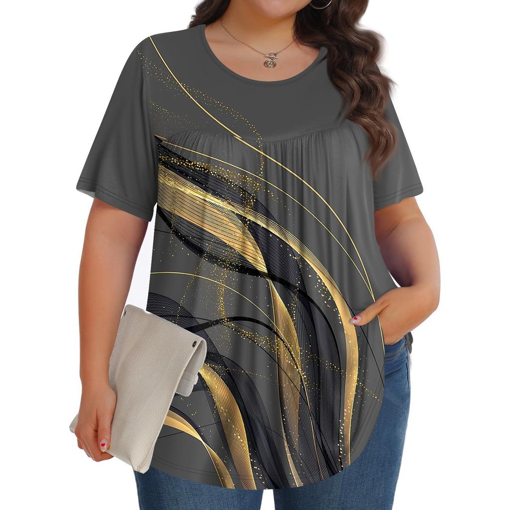 Women's Fashion Casual Print Round Neck Short Sleeve Top Womens Plus Size Tops