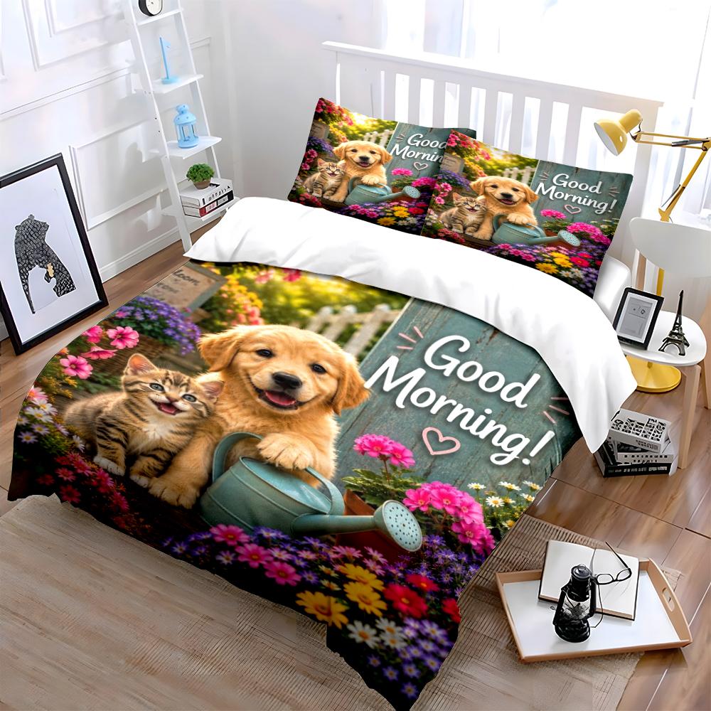 Good Morning Puppy and Kitten Bedding Set Bedding set (1 duvet cover, 2 pillowcases, duvet not included)