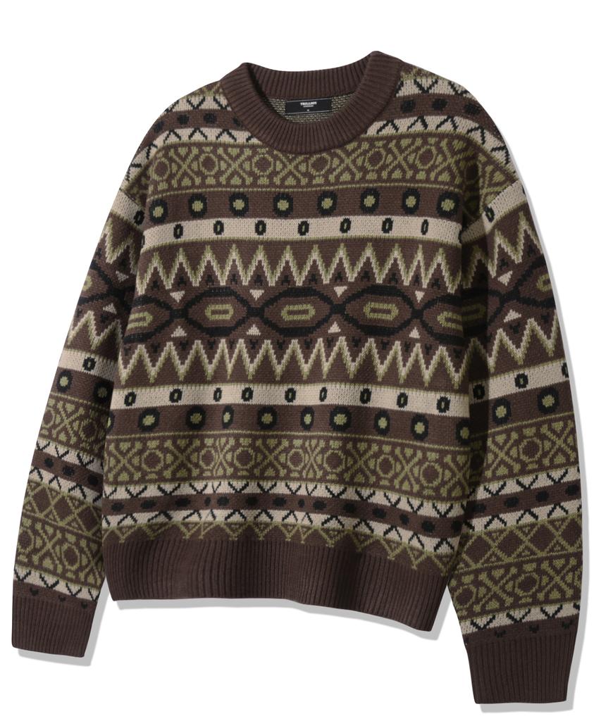 TRILLION Винтажный жаккардовый джемпер Fair Isle с круглым вырезом_Коричневый
