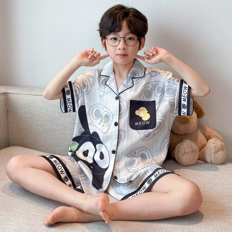Boys Ice Silk Pajama Set Short Sleeve Lightweight Cartoon Sleepwear Teens Ages 8