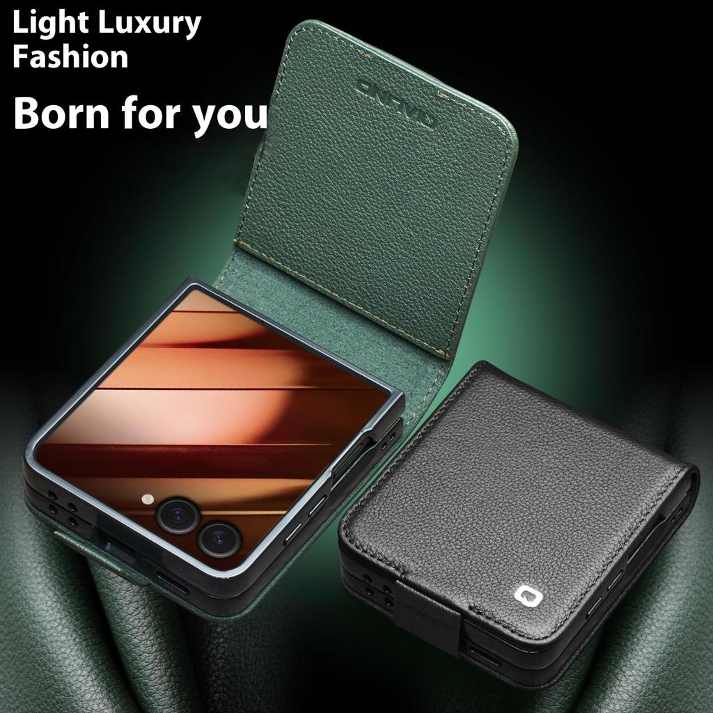 QIALINO For Samsung Galaxy Z Flip7 5G Case with Card Holder Genuine Cow Leather Stand Phone Cover