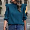 Women's Ruffle Edge Standing Neck T Shirt Panel Ruffle Lantern Sleeves Elegant Women Top
