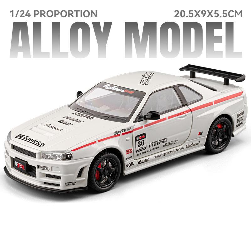 1:24 Ares Silvia Skyline GTR R34 Alloy Sports Car Model Diecasts Metal Toy Track Racing Vehicles Car Model Sound Light Kids Gift