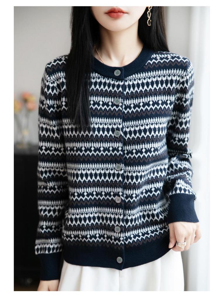 Женский ретро-кардиган из шерсти с жаккардовым узором Fair Isle, с круглым вырезом - Новый рождественский дизайн 2025