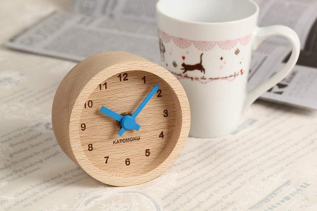 KATOMOKU Muku Mini Clock km-26BL, Round, Blue, Wooden Table Clock, 85 X 85 X 46 Mm