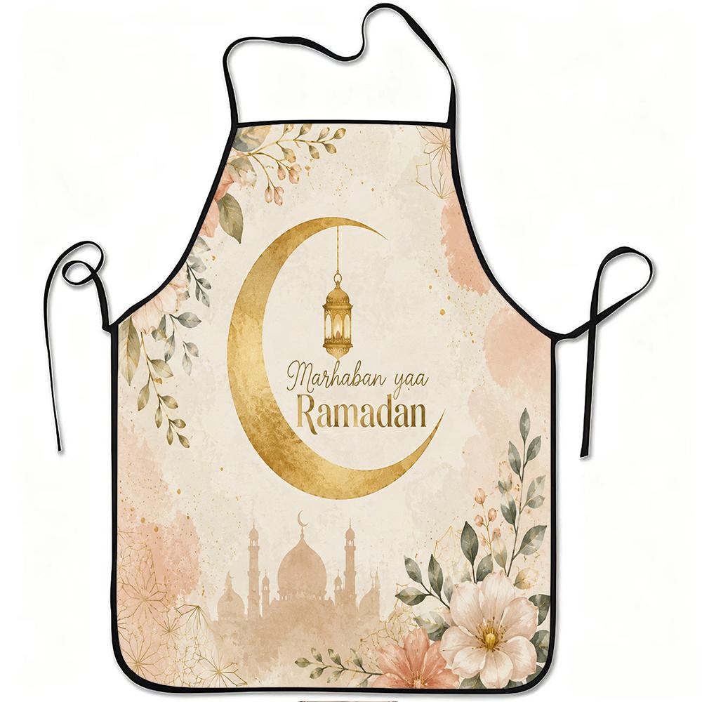 1pc Ramadan Kareem Floral Lantern Mosques Print Apron, Durable and Easy to Clean, Adjustable Waistband, Polyester Material, for Kitchen Cooking, Garde