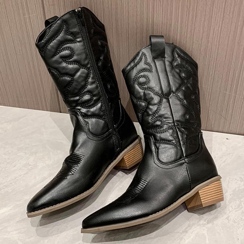 Золотые сапоги до середины икры, женская молния сбоку, серебряные остроконечные ковбойские сапоги в стиле вестерн, модные черные сапоги в стиле ретро, женские сапоги больших размеров 36–43
