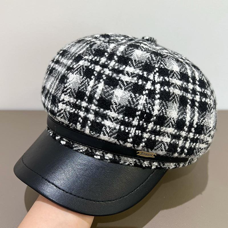 Vintage Plaid Beret Hat With Wide Brim For Women Winter Fashion Accessory