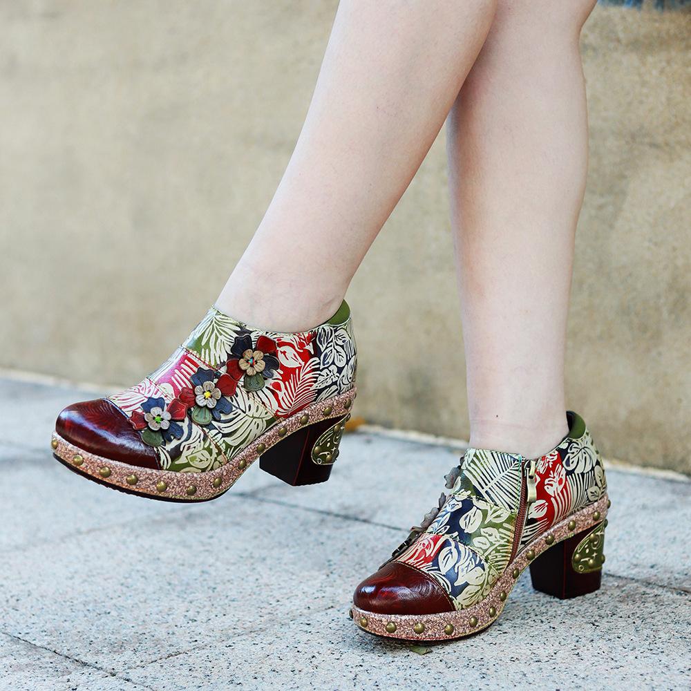 Винтажная женская обувь на высоких каблуках в стиле масляной живописи с цветочным рисунком, туфли без шнуровки из натуральной кожи в стиле ретро с круглым носком