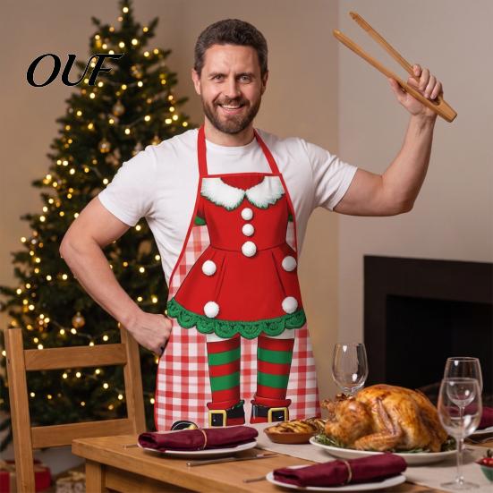 Festive Baking Apron for Family Christmas Funny Elf Apron, Waterproof Stain Resistant Kitchen Adjustable Holiday Party Costume Accessory Neck