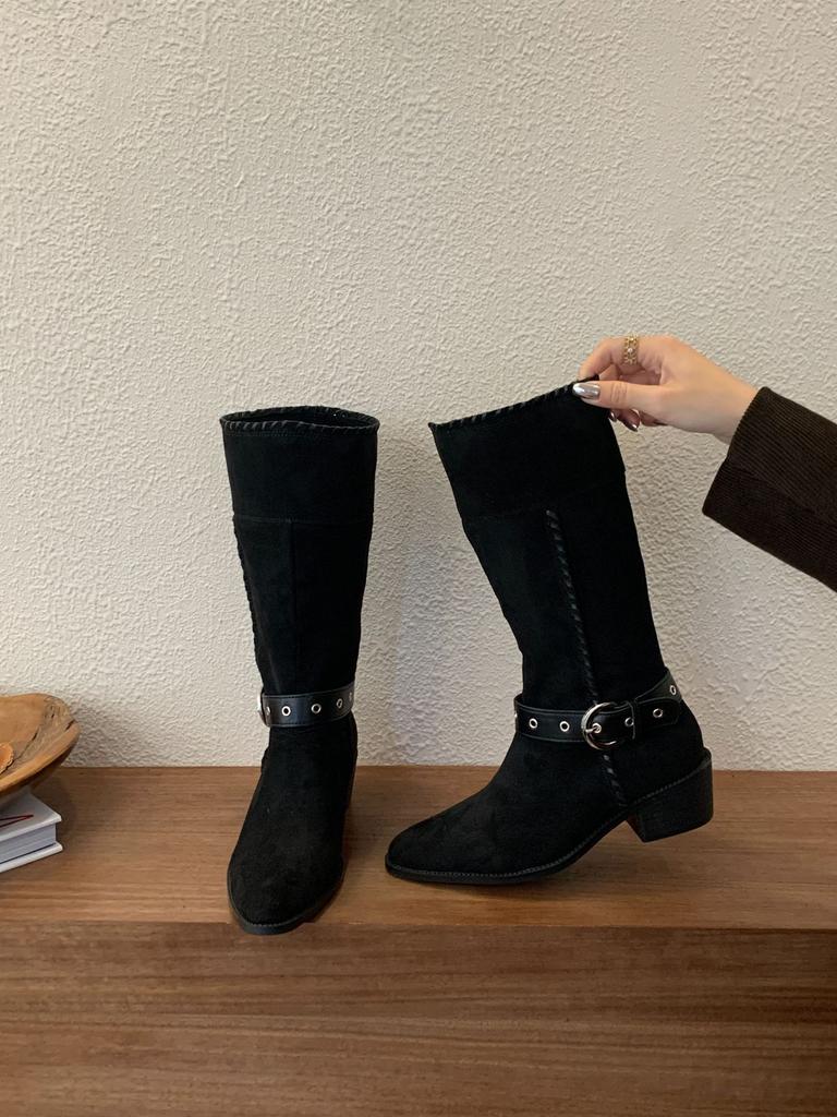 Retro Stacking Boots 2025 Autumn and Winter New Thick Heel Buckle Western Cowboy British Style Knight Boots Casual Mid Boots