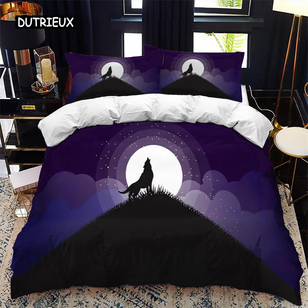 Комплект пододеяльника с силуэтом животного Воющий под луной Тема животного Пододеяльник для детей Мальчиков Микрофибра Кинг Твин Комплект постельного белья