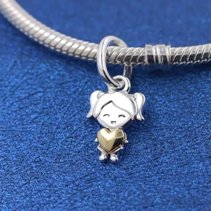 925 Silver New Couple Series Love Boy&Girl Dangle Charms Heart Beads Fit Bracelet for Women Diy Fine Jewelry Gift