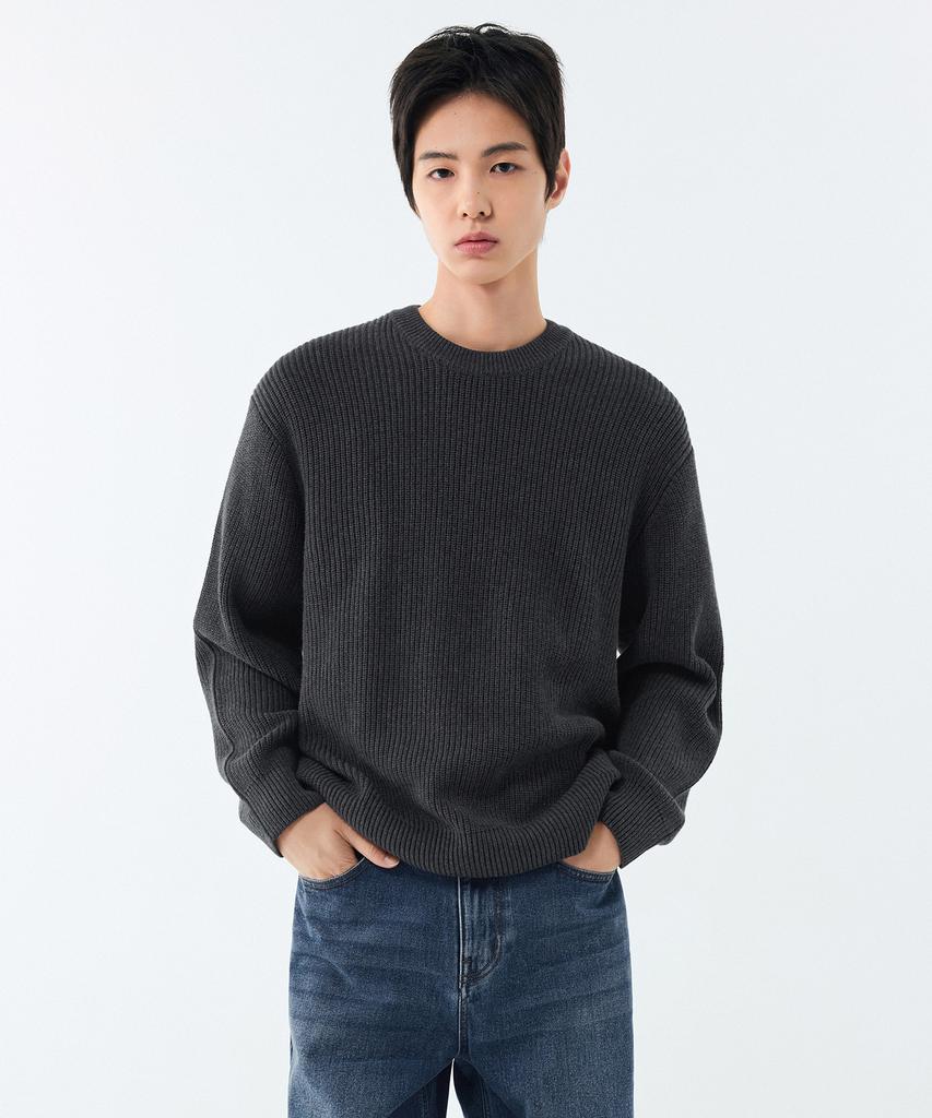 MUSINSA STANDARD Cotton Ribbed Crew Neck Knit [Medium Grey]