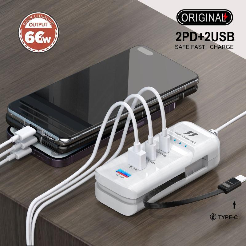 66W Pd Fast Charging Power Strip With Retractable Cable 2 Usb 2 Pd Ports Antistatic Design For Home Office Travel