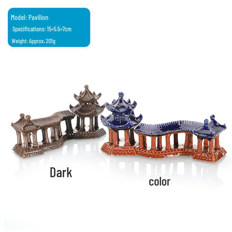 Ландшафтное оформление аквариума: Каменная скала и керамический павильон с водопоглощающим орнаментом для бонсай