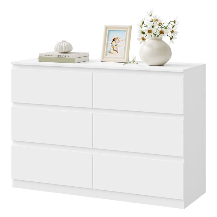 Commode 6 Tiroirs - 100x36x69cm - WOLTU Meuble de Rangement Moderne Blanc - Assemblage Facile