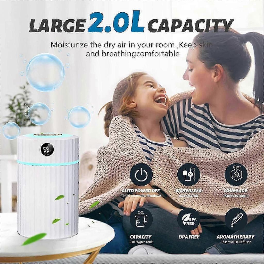 2L Humidifier for Bedroom with LED Screen, Double Spray Cool Mist Air Humidifiers with 2pcs Cotton Swab
