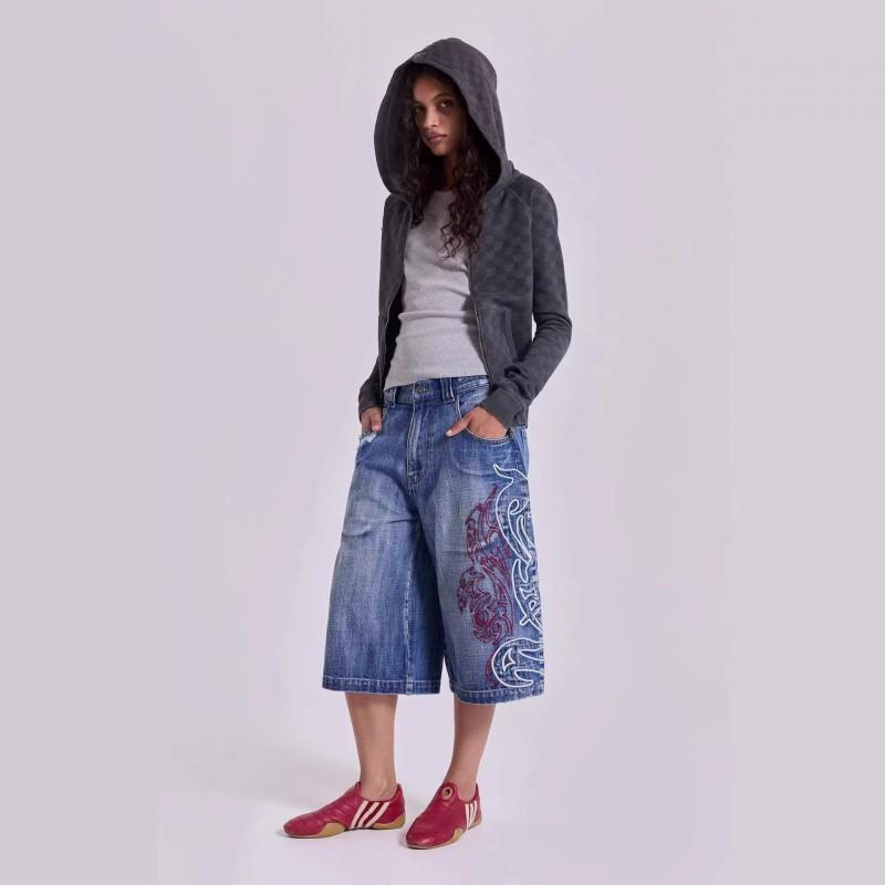 Джинсовые шорты Y2K Streetwear с вышивкой для женщин, свободные, прямого кроя, хлопковые шорты 2026