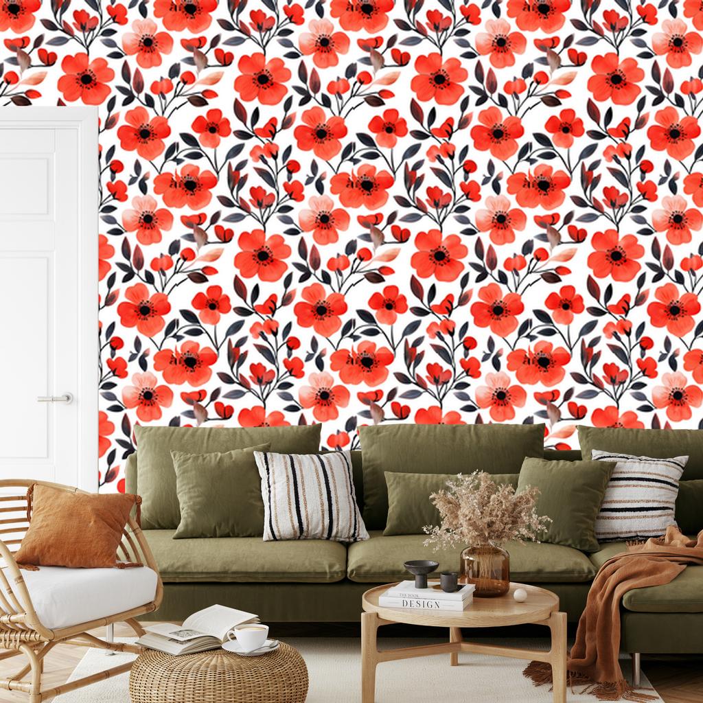 Wallpaper Flowers and Leaves Red and White for Living Room and Bedroom 50x1000