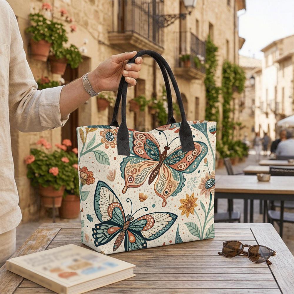 Boho Butterfly Floral Printed Canvas Tote Bag Casual Large Capacity Shoulder Handbag for Daily Use