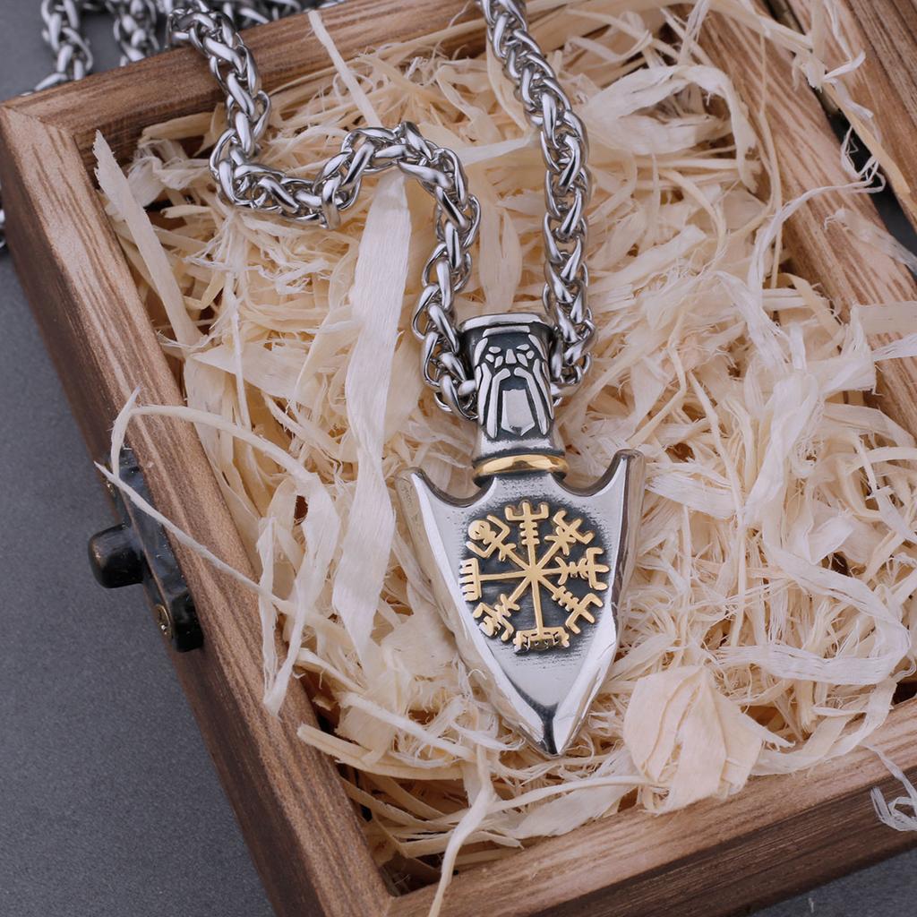 Vintage Viking Vegvisir Compass Rune Spear Necklace Stainless Steel Men's Charm Odin Valknut Amulet Pendant Fashion Jewelry