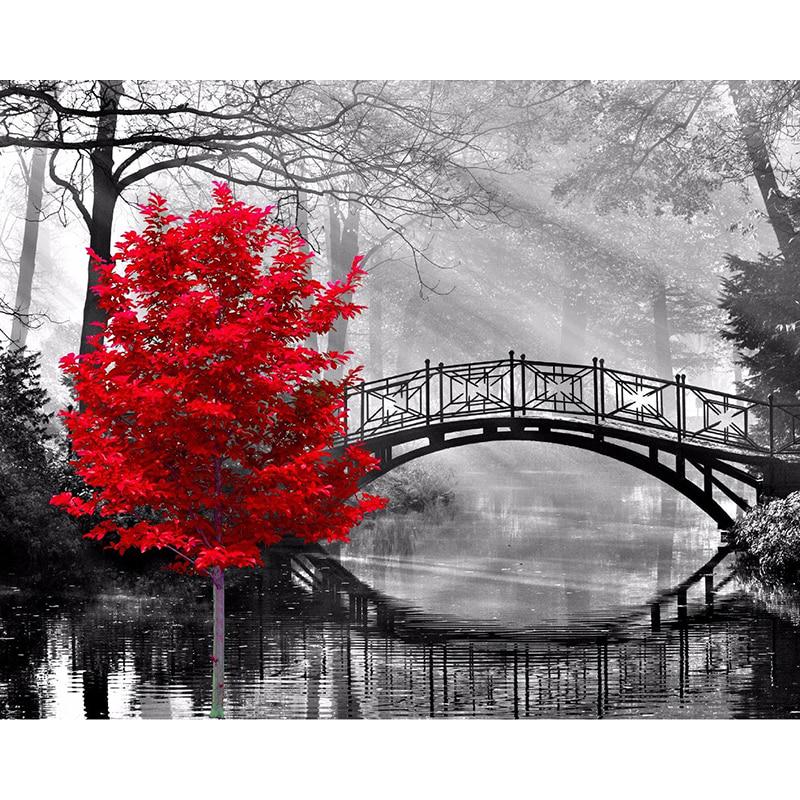 Embroidered Living Room Handwork Decoration Forest Bridge & Red Tree DIY 5D Diamond Painting