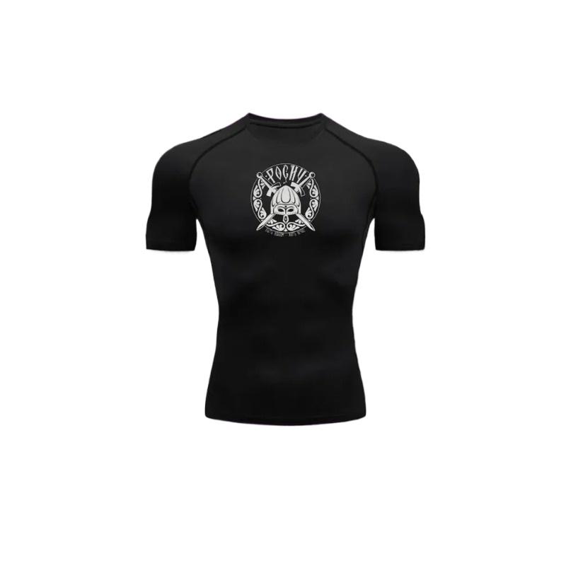 Men's Black Viking Skull Print Compression T-Shirt, Quick Dry Breathable Gym Training Top