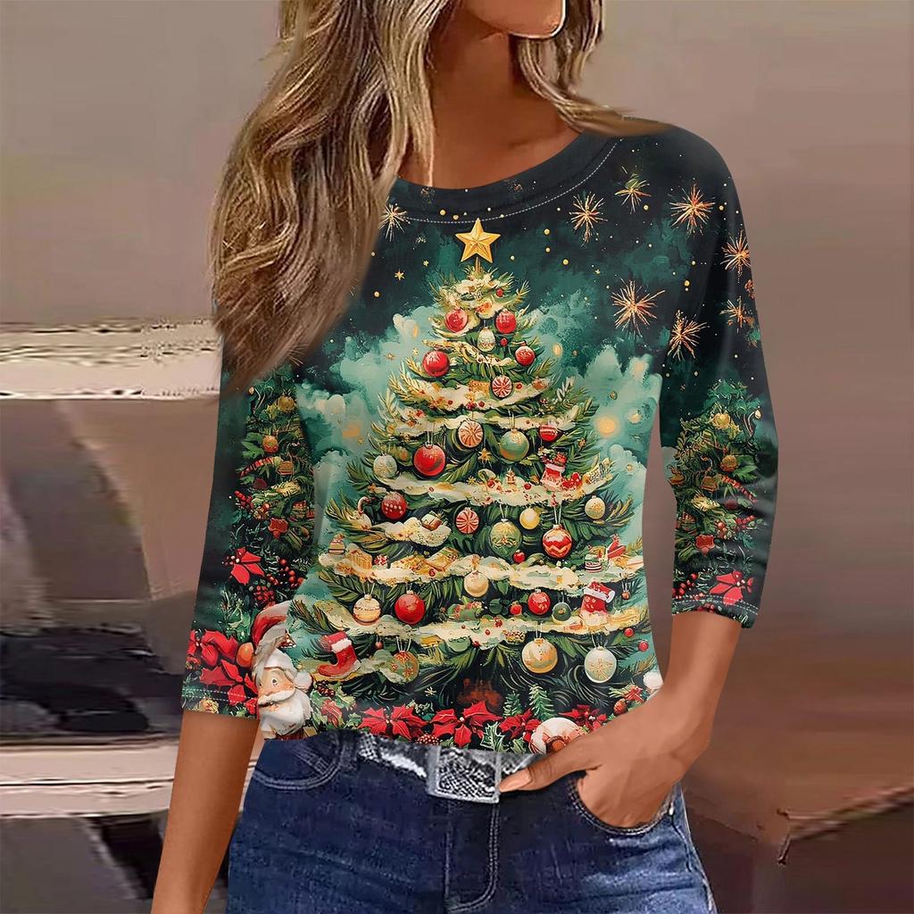 Женская футболка с рождественским принтом, рукав 3/4, повседневная, модная, на выходные, базовая, с круглым вырезом, стандартный топ