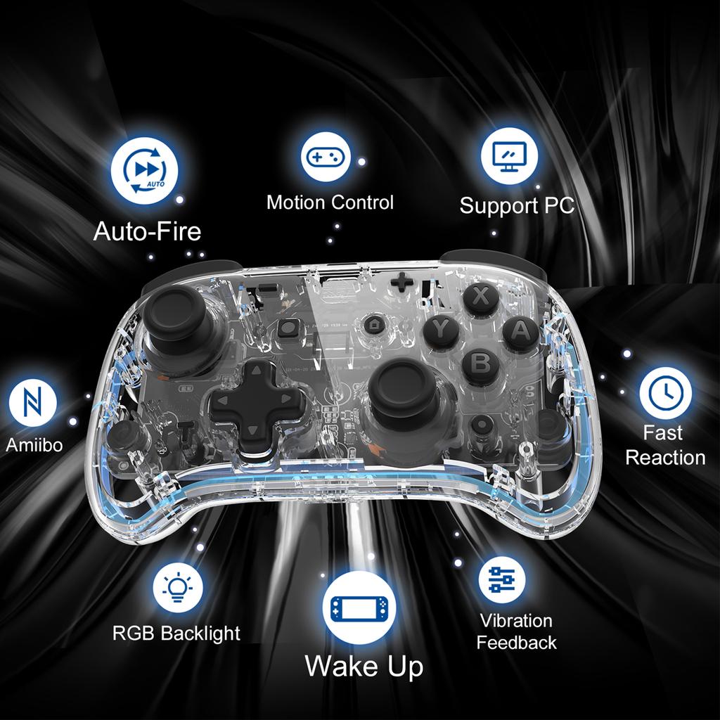 IINE Switch Pro Blue Tooth Game Controller 2.4GHz Transparent Wireless Gamepad for Nintendo Switch & NS Oled/ Lite /PC & Steam