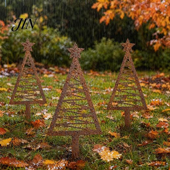 Decorative Ground Stake 3Pcs Rustic Metal Christmas Tree Stake, Weathered Iron Art Xmas Garden Design Sign for Yard Pathway Flower Bed Unique Shape