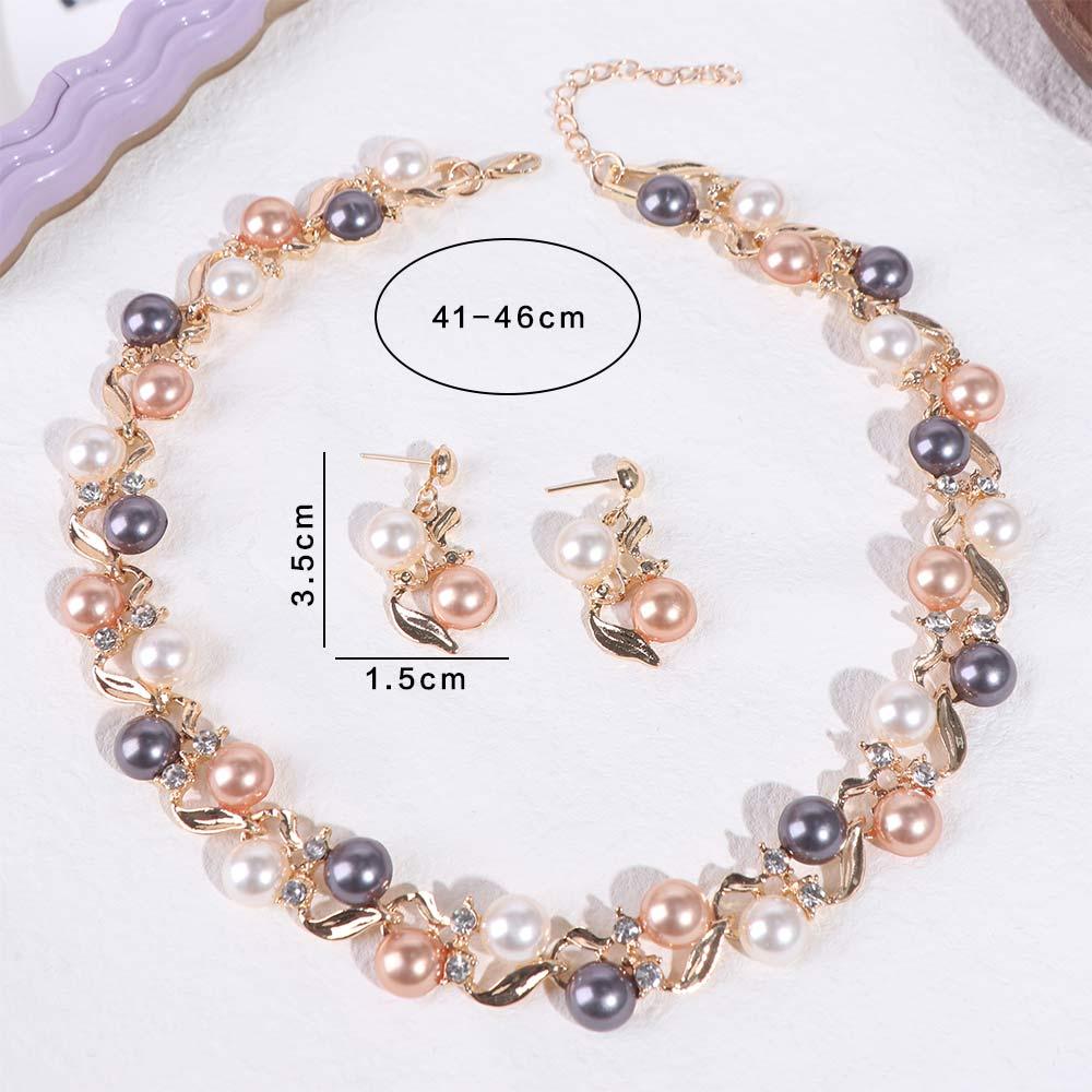 Fashion Elegant Pearl Necklace Leaf Rhinestone Colorful Pearl Necklace Women Jewelry Dangle Earrings Necklace Earrings Set Party