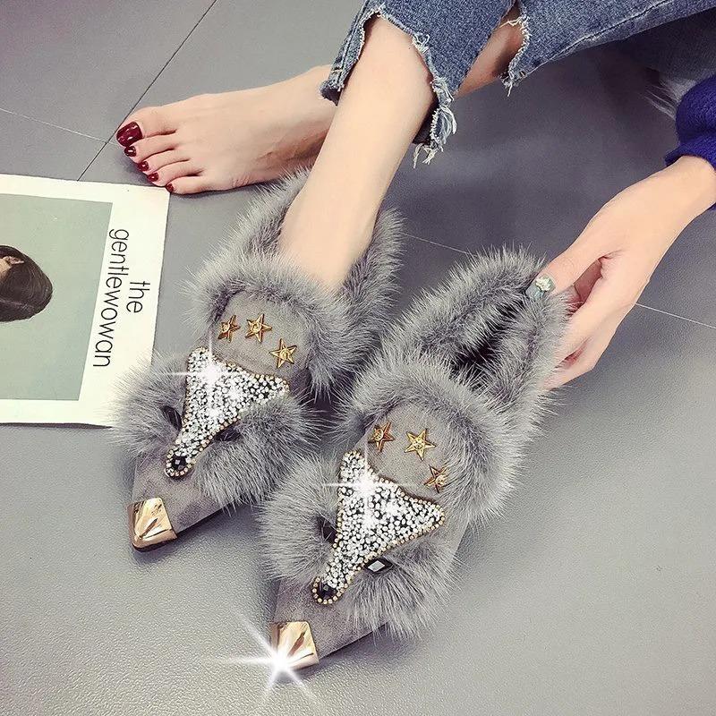 Женские ботильоны с кристаллами в виде головы лисы, женские сапоги, зимняя мода, металлический острый нос, пушистый плюш, высокий каблук, женская обувь для свадебной вечеринки