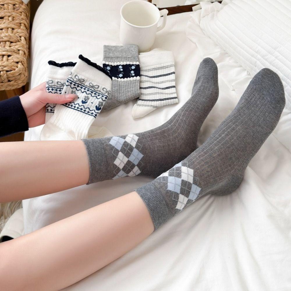Small Flower Cotton Socks Grey Checkered Boneless Pile Socks New Mid-calf Socks Spring Summer