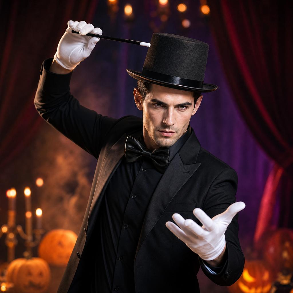 Halloween Magician Hat Tie Gloves Costume Accessory Set 530