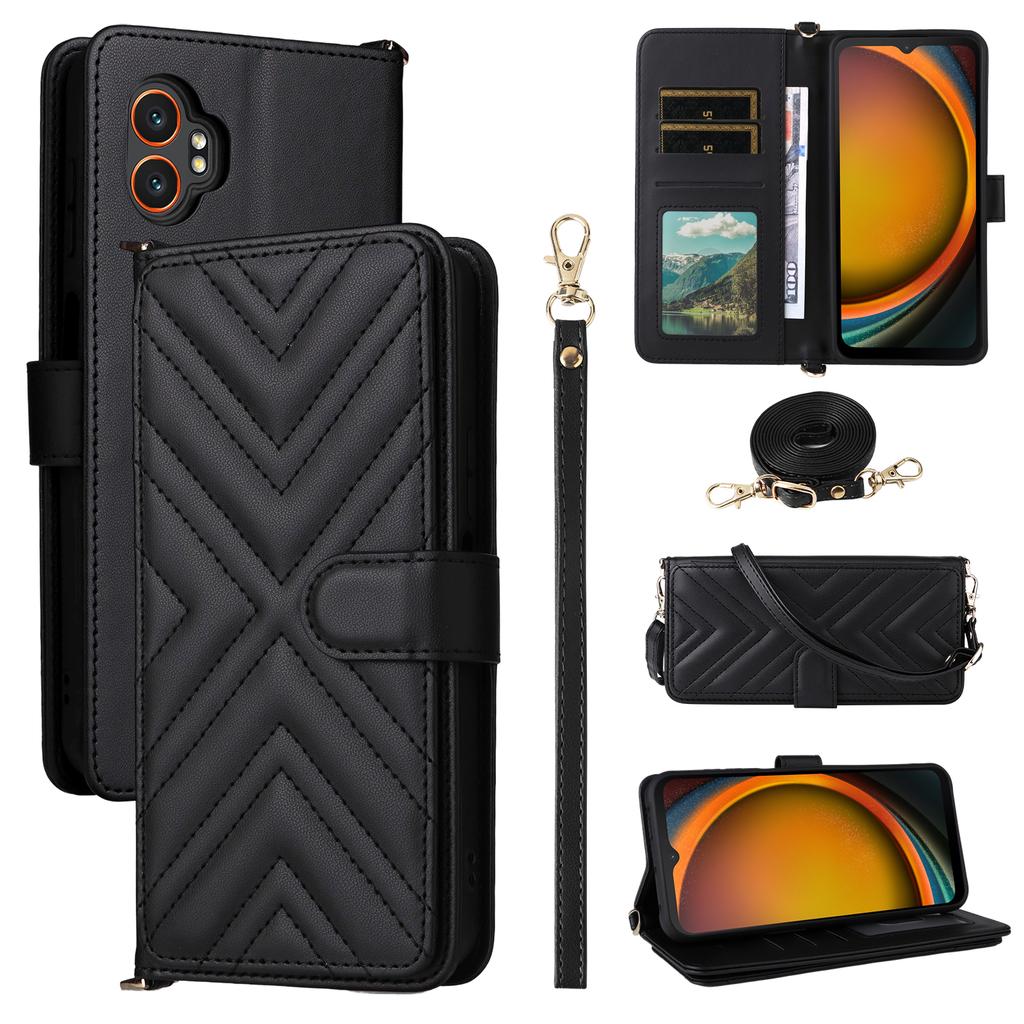 For Samsung Galaxy XCover7 Pro Wallet Case with Shoulder/Wrist Strap Leather Phone Cover Stand