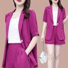 2 Piece Women Casual Outfit Lapel Short Sleeve Blazer Shorts Solid Color OL Style Single