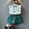 Summer Flutter Sleeve Floral Print Top + Loose Solid Color Shorts Two-Piece Set for Girls