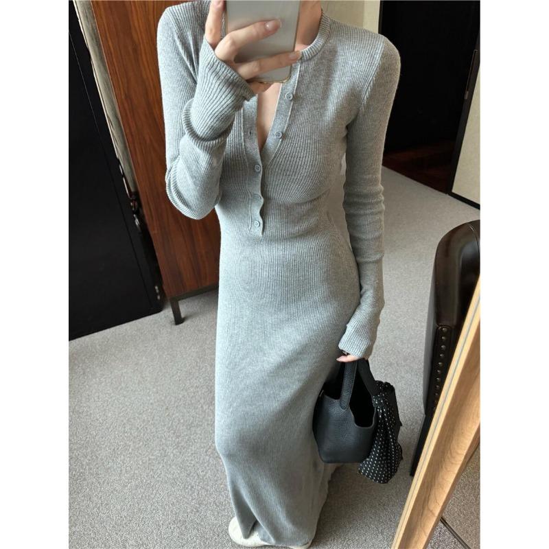 Уличное платье на пуговицах, вязаное, женское, осеннее, новое, ретро, облегающее и стройнящее, с длинным рукавом, платье-футляр