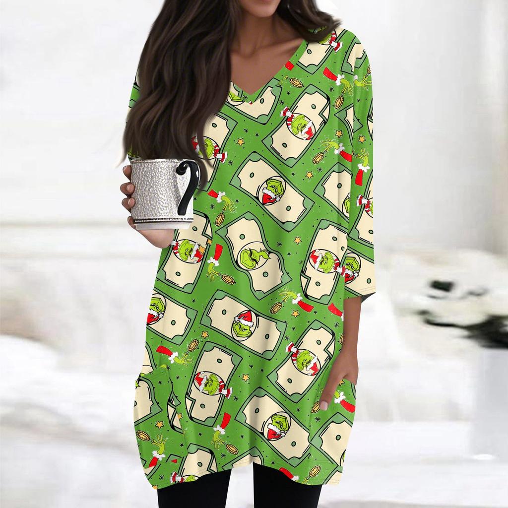 Женские топы с V-образным вырезом и рукавом 3/4, повседневные блузки средней длины, модные туники с рождественским принтом и карманами