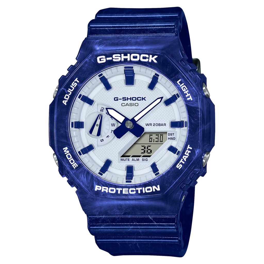 Casio Мужские часы G-SHOCK на смоляном ремешке, водостойкость 200 м, аналогово-цифровые, ударопрочные, кварцевые, GA-2100BWP-2A