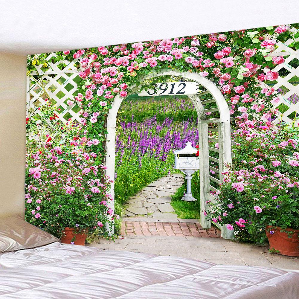 Spring Flowers Wood Fence Tapestry Nature Pink Rose Plant Flower Wall Hanging Garden Window Nature Scenery Tapestry