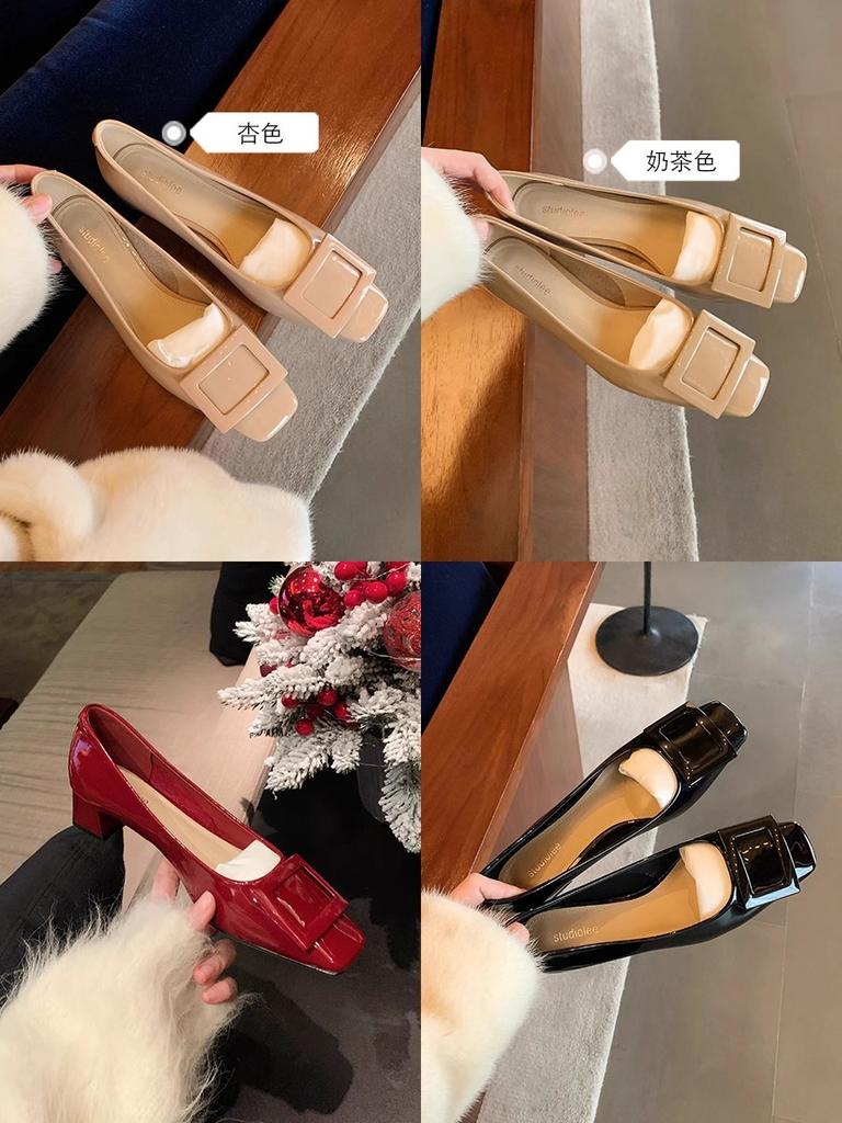 Виноградная Мама Сиэтл Ночь~ Весна Квадратная Пряжка Коммьютер Толстый Каблук Легкий Вырез Туфли на Высоком Каблуке Квадратный Носок Темперамент Средний Каблук Одинарные Туфли