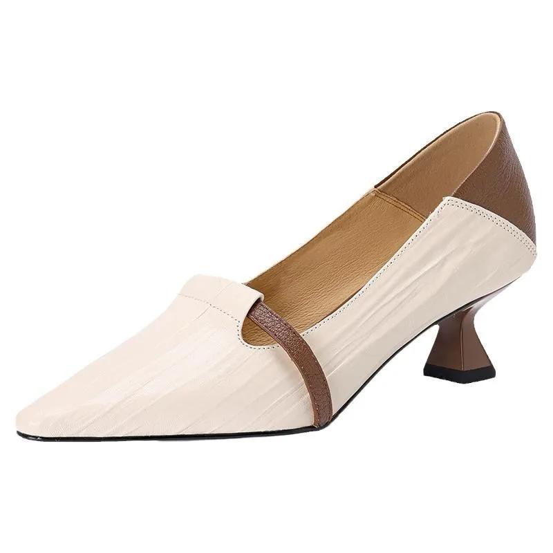 Элегантные женские туфли-лодочки с острым носком, цветные блоки, неглубоким вырезом и ретро-каблуком-рюмочкой