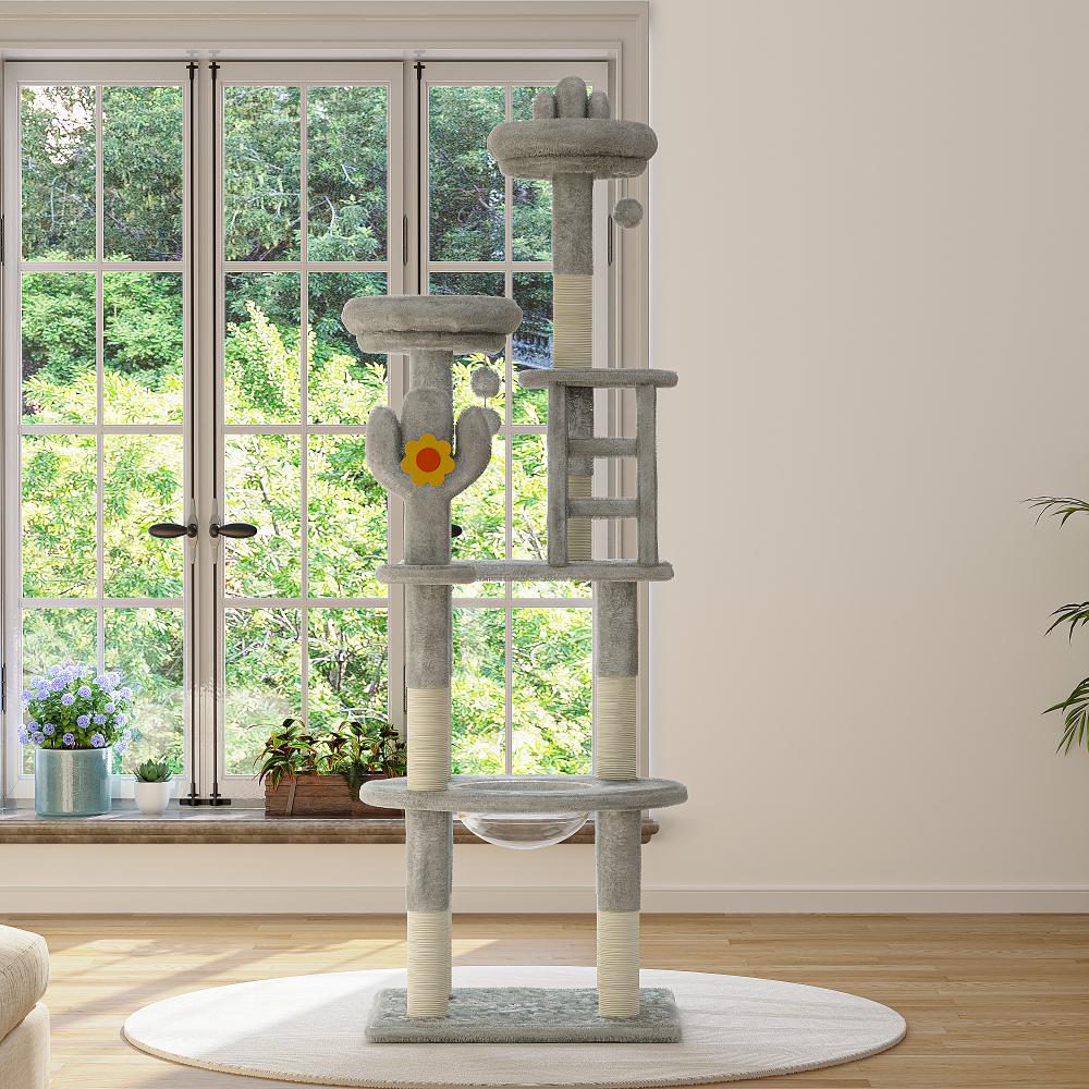 72" Tall Cactus Cat Tower Featuring Clear View Capsule, Durable Sisal Scratching Posts, Cozy Plush Platforms, and Built-in Interactive Toys –