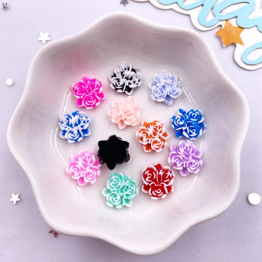 50pcs Mix Resin Mini Colorful Three Leaf Rose Flat Back Flower Figurines Nail Art DIY Wedding Scrapbook Crafts Accessories Decor