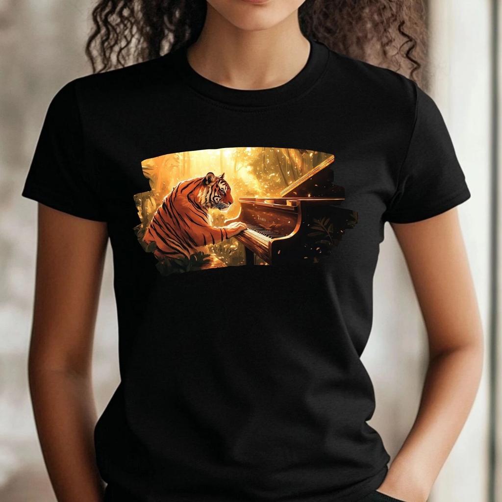 Women Tiger Plays Piano Print Cotton T-Shirt Size
