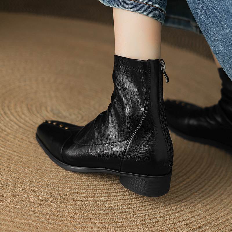 Krazing Pot Зимние ботильоны из микрофибры с квадратным носком, современный размер 33, размер 43, металлические заклепки, средний каблук, на молнии, женские ботильоны