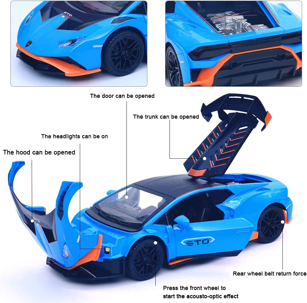 1:24-масштабная литая под давлением модель автомобиля из сплава для Lambo Huracan STO 2021, модель автомобиля с откатным механизмом, игрушечные автомобили со светом и звуком для коллекции для детей и взрослых